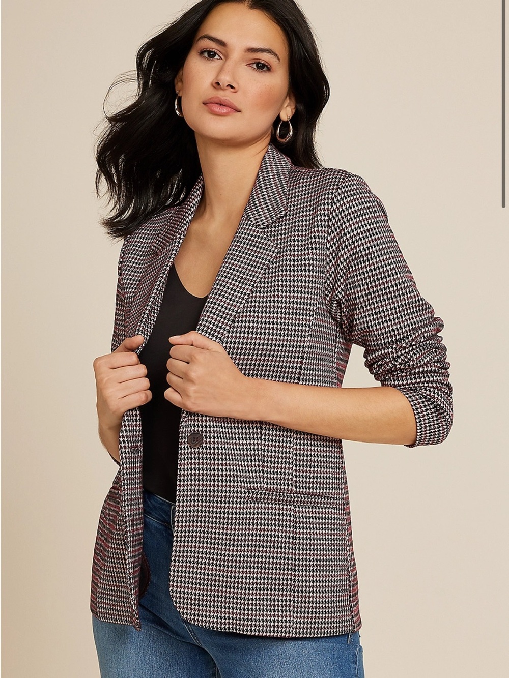 [LIKE NEW] Maurices Houndstooth Open-Front Women's Blazer Jacket Black & Maroon